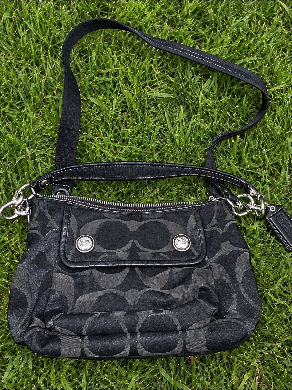 Coach Black Signature Pattern Shoulder Bag with Silver Hardware